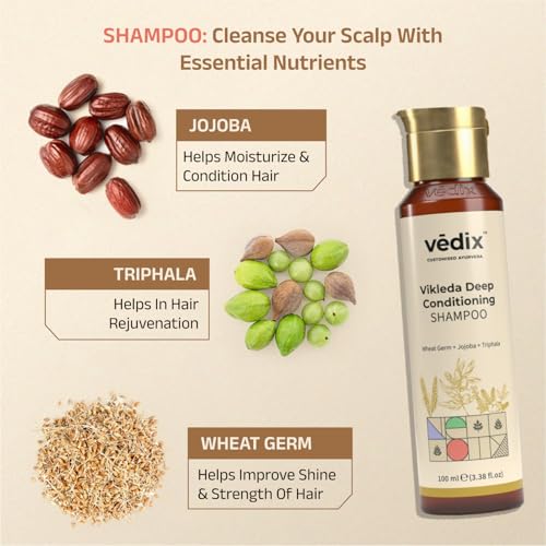 Vedix Customized Hair Fall Control Regimen for Dry Hair - Oily Scalp & Curly - 3 Product Ayurvedic Kit - Anti Hair Fall Oil Neem + Lotus + Anti-Hairfall Shampoo For Dry Hair + Vithan Pro Hair Growth Serum - Image 3
