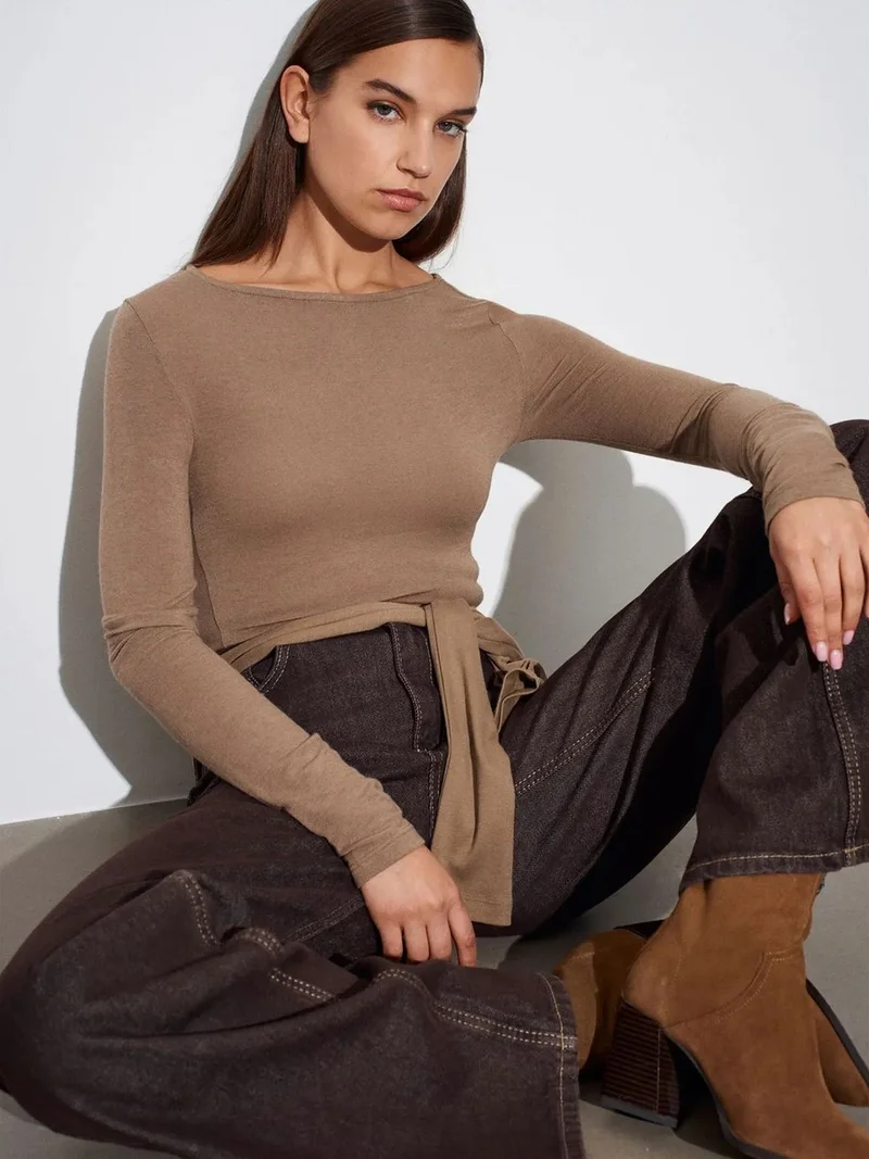 ديلفين DILVIN Women’s Ribbed Boat Neck Long-Sleeve Blouse