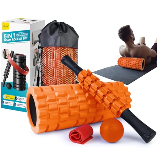 Krightlink 5 in 1 Foam Roller Set for Deep Tissue Muscle Massage, Trigger Point Fitness Exercise Foam Roller, Massage Roller, Massage Ball, Stretching Strap, for Whole Body (Orange Black) - Image 1