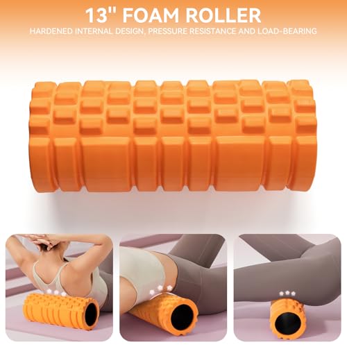 Krightlink 5 in 1 Foam Roller Set for Deep Tissue Muscle Massage, Trigger Point Fitness Exercise Foam Roller, Massage Roller, Massage Ball, Stretching Strap, for Whole Body (Orange Black) - Image 2