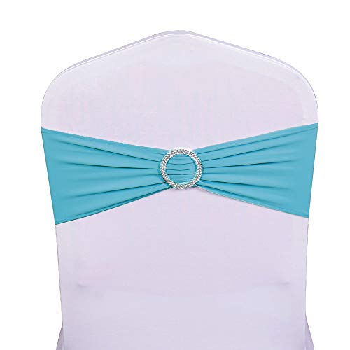 SINSSOWL Pack of 50 Spandex Turquoise Chair Sashes for Wedding Teal Chair Bows Sashes Chairs Bands Buckles Fitting Birthday Party Anniversary Events Ceremony Bridal Baby Shower Decorations - Image 2