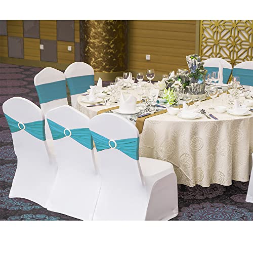 SINSSOWL Pack of 50 Spandex Turquoise Chair Sashes for Wedding Teal Chair Bows Sashes Chairs Bands Buckles Fitting Birthday Party Anniversary Events Ceremony Bridal Baby Shower Decorations - Image 3