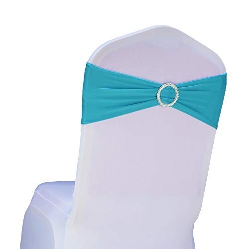 SINSSOWL Pack of 50 Spandex Turquoise Chair Sashes for Wedding Teal Chair Bows Sashes Chairs Bands Buckles Fitting Birthday Party Anniversary Events Ceremony Bridal Baby Shower Decorations - Image 1