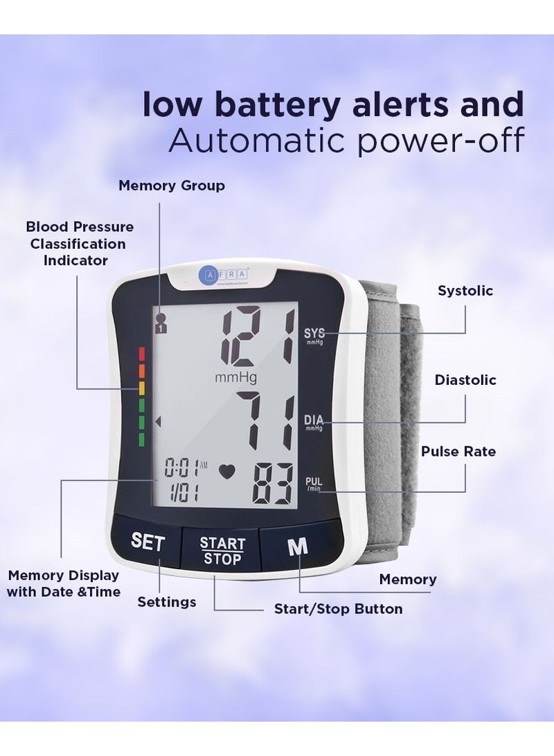 AFRA جهاز قياس ضغط الدم الرقمي، AF-202BPMW، أبيض، أوتوماتيكي بالكامل، نوع المعصم، شاشة كبيرة، ضمان لمدة 2 سنة - Image 3