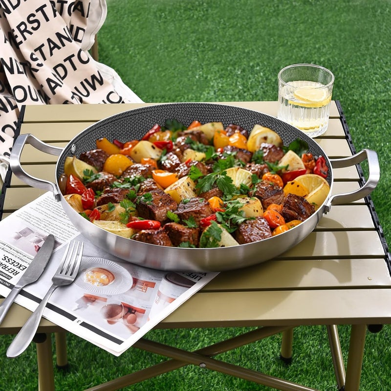 Inqibee 14-Inch Hybrid Tri-Ply Stainless Steel Paella Pan with Lid,Ceramic Non Stick Large Skillet,Induction Cooking Pan,Anti-Scratch,Dishwasher and Oven Safe - Image 3