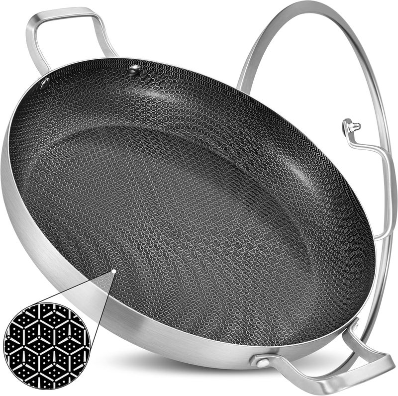 Inqibee 14-Inch Hybrid Tri-Ply Stainless Steel Paella Pan with Lid,Ceramic Non Stick Large Skillet,Induction Cooking Pan,Anti-Scratch,Dishwasher and Oven Safe - Image 1