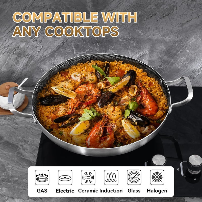 Inqibee 14-Inch Hybrid Tri-Ply Stainless Steel Paella Pan with Lid,Ceramic Non Stick Large Skillet,Induction Cooking Pan,Anti-Scratch,Dishwasher and Oven Safe - Image 4