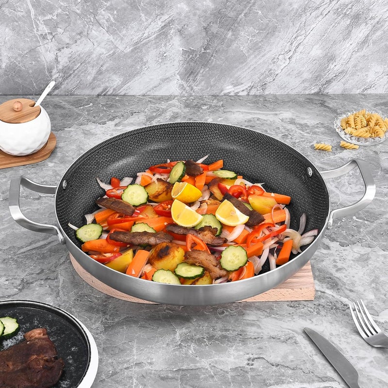 Inqibee 14-Inch Hybrid Tri-Ply Stainless Steel Paella Pan with Lid,Ceramic Non Stick Large Skillet,Induction Cooking Pan,Anti-Scratch,Dishwasher and Oven Safe - Image 5
