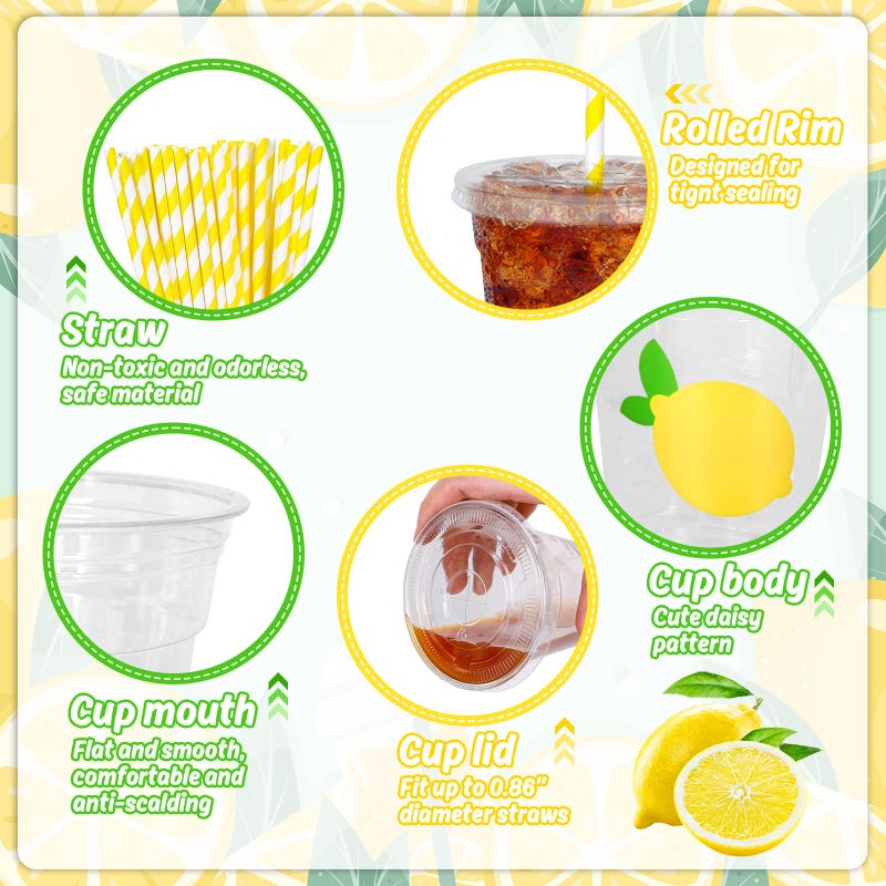 Whaline 50Pcs Lemon Disposable Plastic Cups with Lids and Straws 12oz Party Cups Yellow Lemon Cold Beverage Drinking Cups for Summer Fruit Party Birthday Baby Shower Supplies - Image 3