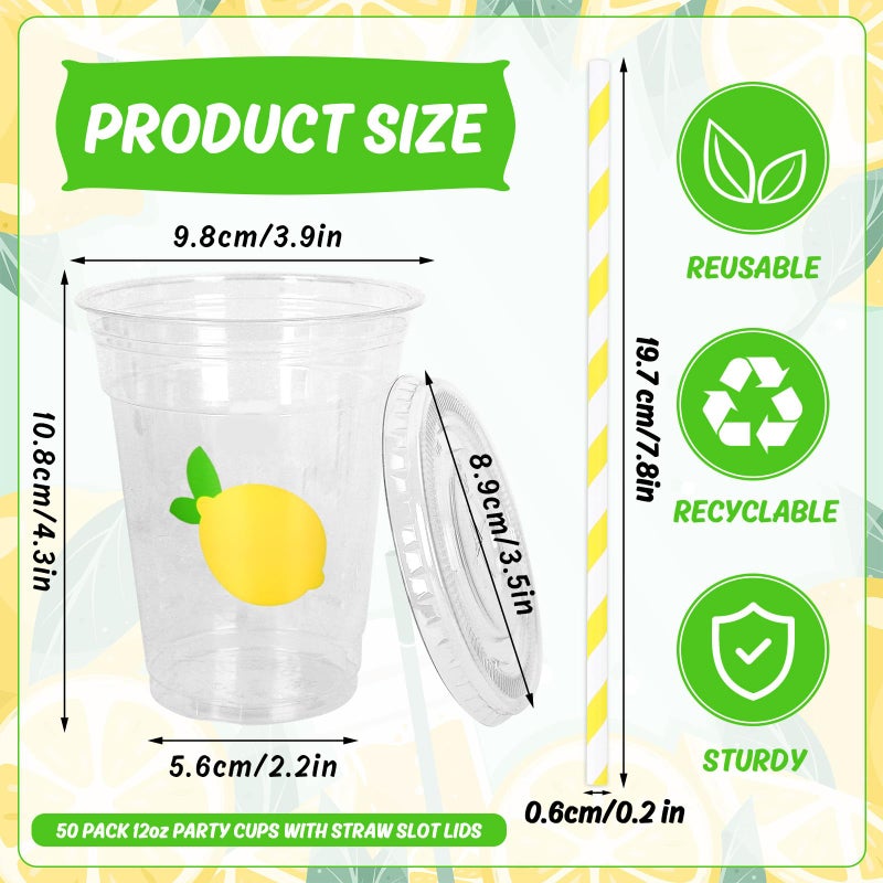 Whaline 50Pcs Lemon Disposable Plastic Cups with Lids and Straws 12oz Party Cups Yellow Lemon Cold Beverage Drinking Cups for Summer Fruit Party Birthday Baby Shower Supplies - Image 2