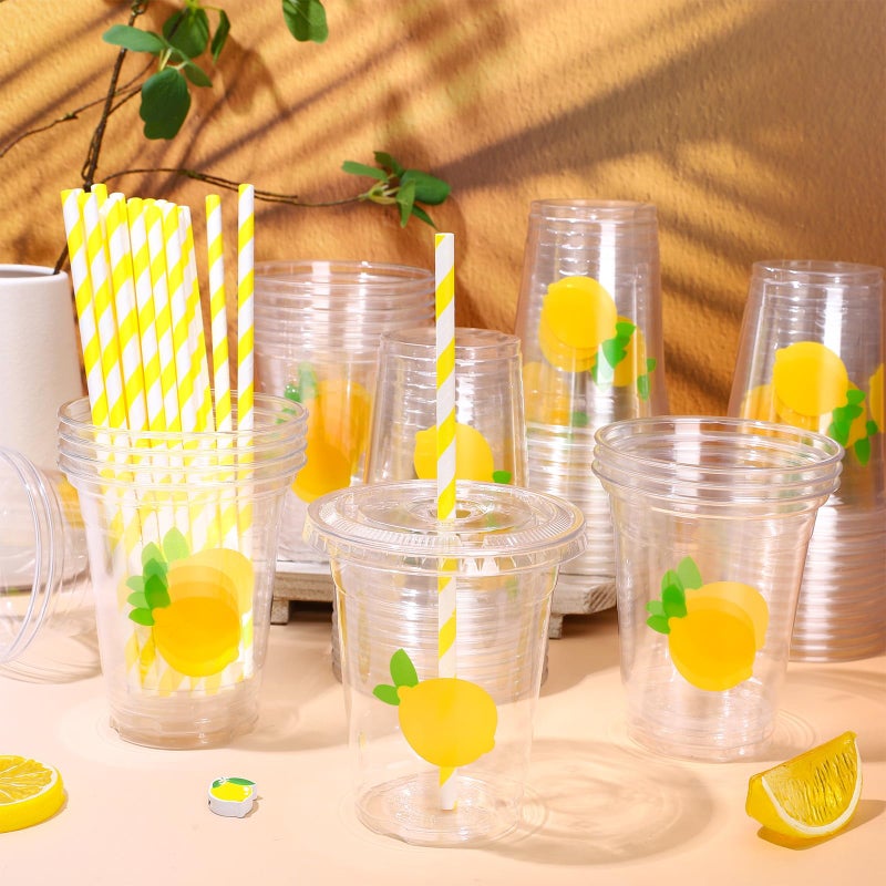 Whaline 50Pcs Lemon Disposable Plastic Cups with Lids and Straws 12oz Party Cups Yellow Lemon Cold Beverage Drinking Cups for Summer Fruit Party Birthday Baby Shower Supplies - Image 4