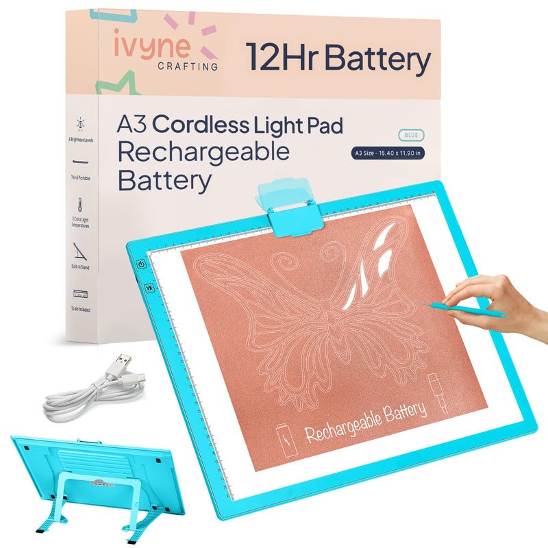 iVyne Rechargeable A3 Light Pad for Diamond Painting LED Light Board for Weeding Tracing Diamond Art Light Pad UltraThin Portable Perfect for Artists Crafters Blue
