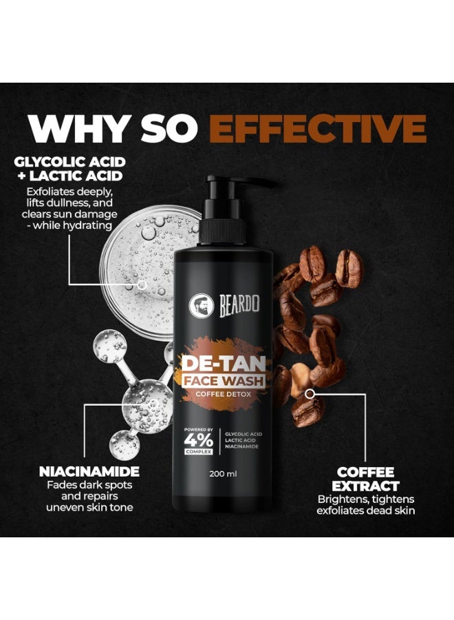 BEARDO DeTan Face Wash for Men, 200ml | Glycolic Acid,Niacinamide & Coffee | Helps to Reduce Tan,Reduce Dark Sports & Pigmentation | Exfoliates & Hydrates for Smooth & Oil Free Skin - Image 4