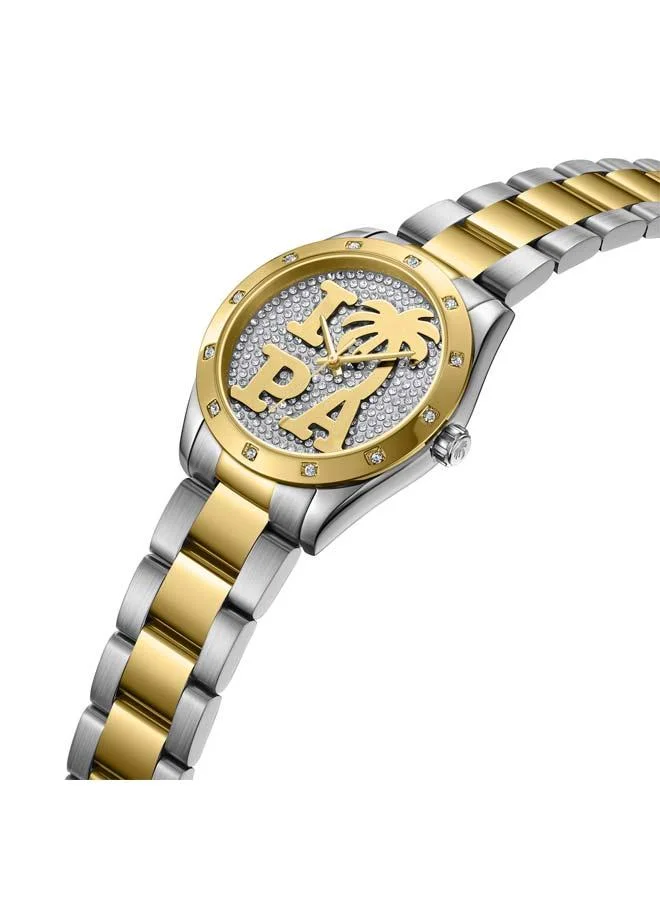 Palm Angels Strada White Pave Crystal Dial Stainless Steel Bracelet Analog Watch for Women, 34mm