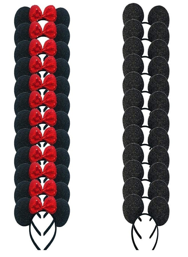 winvin Set of 24 Mouse Costume Deluxe Fabric Ears Headband Red Bow Boys Girls Birthday Party Hairs Accessories Baby Shower Headwear Halloween Favors Decorations (Sequin Black and Red) - Image 1