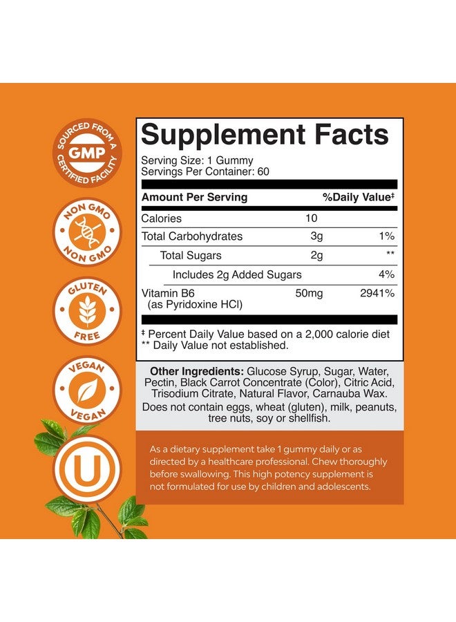 Natures Craft Potent Vitamin B6 Gummies for Adults - Vitamin B6 50mg Per Serving Gummy Vitamins for Women and Men for Immune Nerve and Mood Support - Vegan Kosher B6 Vitamins Gummies for Women and Men - 60 count - Image 2