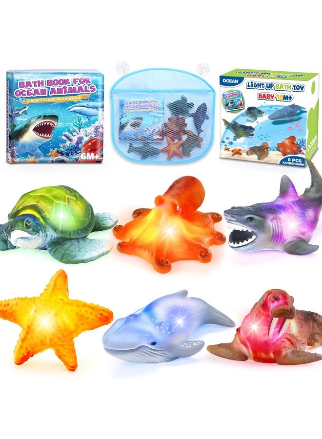 KarberDark 6 Pack Light Up Bath Toys & Magic Bath Book & Storage Bag for Toddler, No Hole Floating Ocean Animal with LED Flashing Colors, Glow Sensory Bathtub Toy for Kid, Water Table Toy, Gift for Boy Girl - Image 1