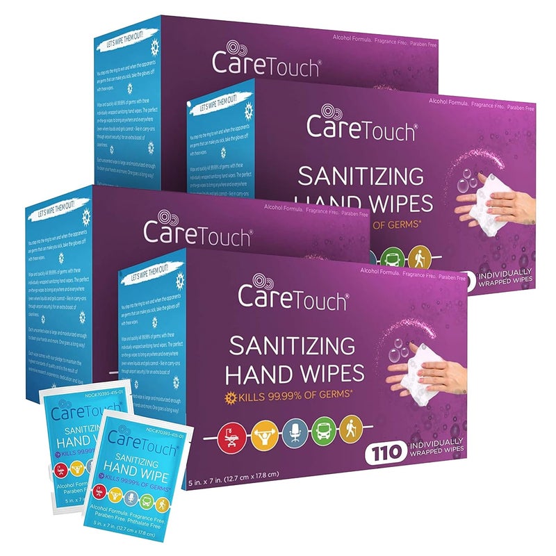 Care Touch Hand Sanitizer Wipes – 440 Individually Wrapped Packets (Box of 4, 110 Wipes Each) - Image 1