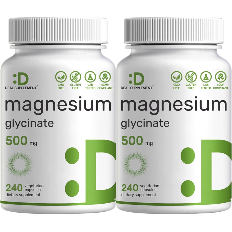 DEAL SUPPLEMENT 2 Pack Magnesium Glycinate 500mg 480 Veggie Capsules 100 Chelated for Easy Absorption Essential Mineral Supplement for Muscle Sleep Heart Health