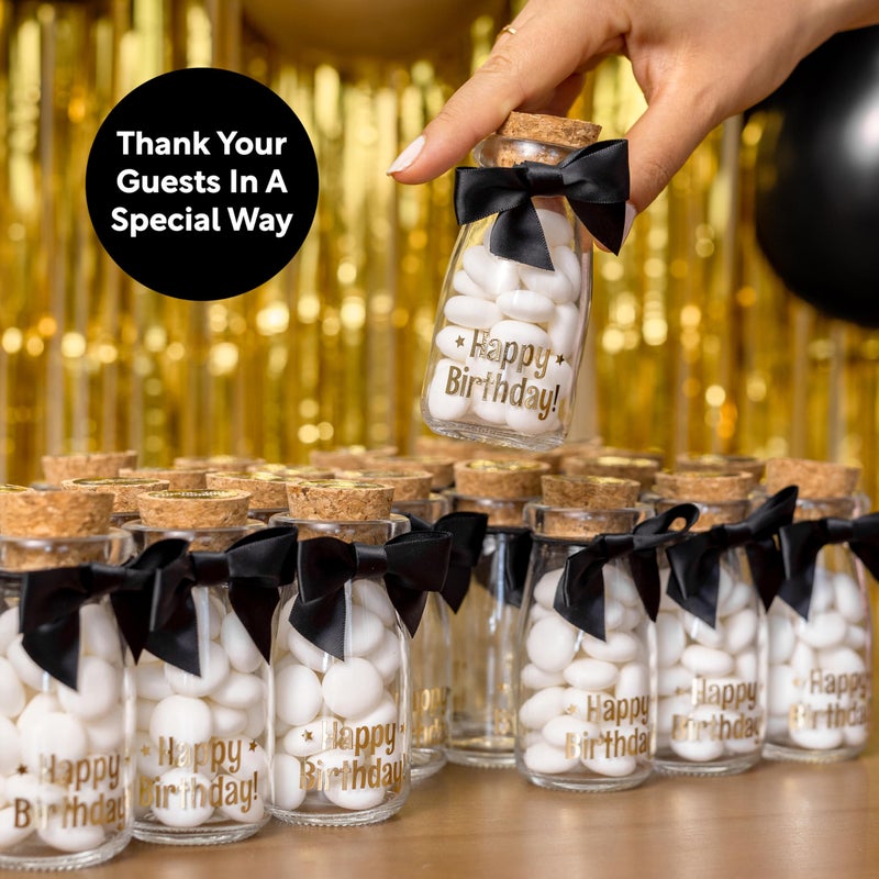 Ethisa Vintage 24 Pack Adult Birthday Party Favors Glass Bottles with Ribbons and Stickers - Classy Happy Birthday Favors and Table Centerpieces Decorations - Sturdy Candy Jar for Guests - Image 3