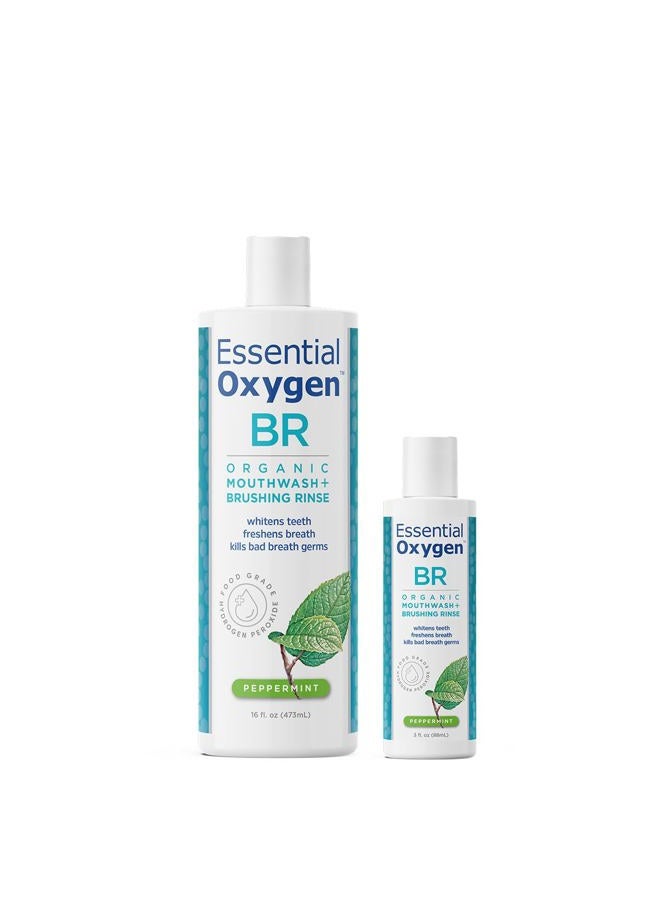 Essential Oxygen , Certified Organic Brushing Rinse, Combo, Peppermint, All Natural mouthwash, Dentist Recommended, Alcohol-Free Oral Care, 1-3 fl oz bottle and 1-16 fl oz bottle, BR (Pack of 2) - Image 1
