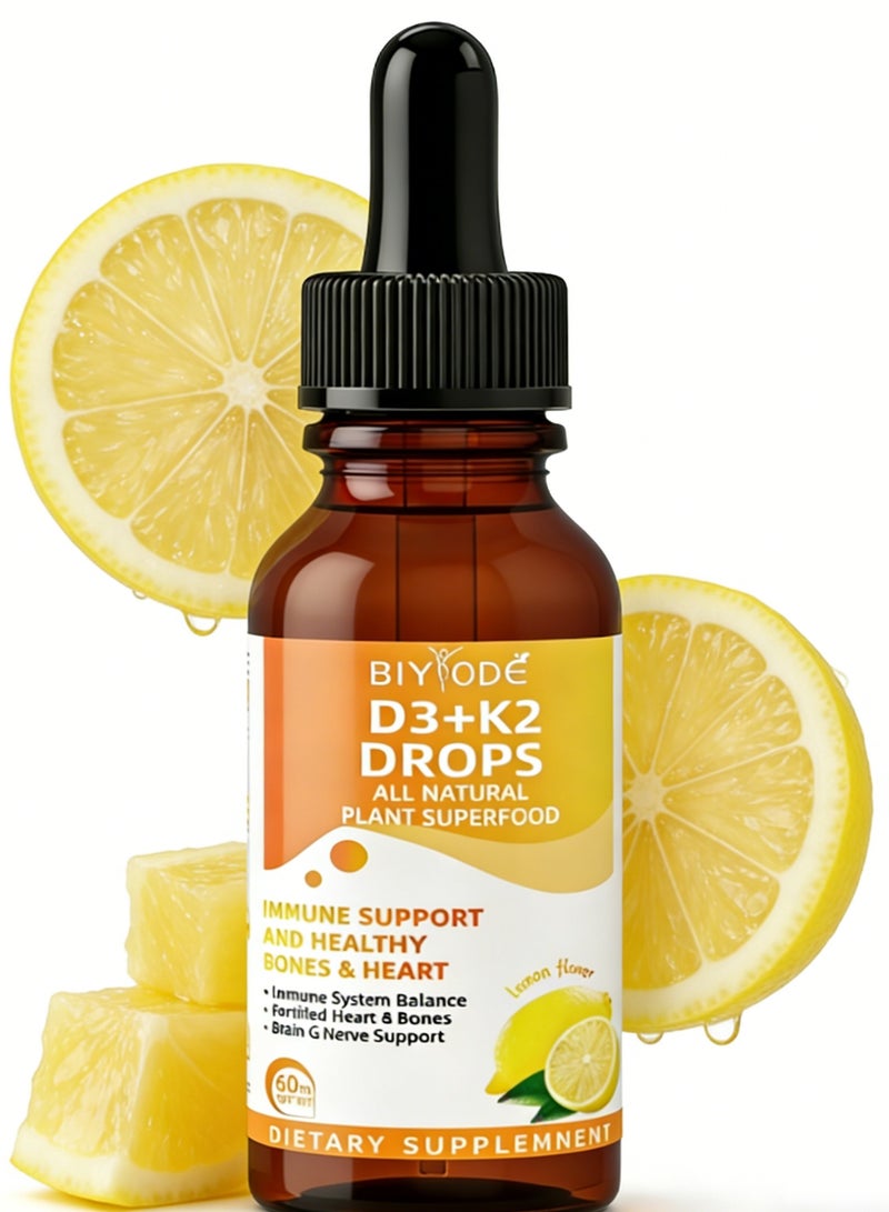 بيودي BIYODE فيتامين D3 + قطرات K2 - كل الأطعمة الفائقة النباتية الطبيعية ، مكملات سائلة للجهاز المناعي ، صحة العظام والقلب والدماغ ، 60 مل ، امتصاص عالي ، سريع وفعال ، 1000IU D3 و 200mcg K2 لكل خدمة - Image 1