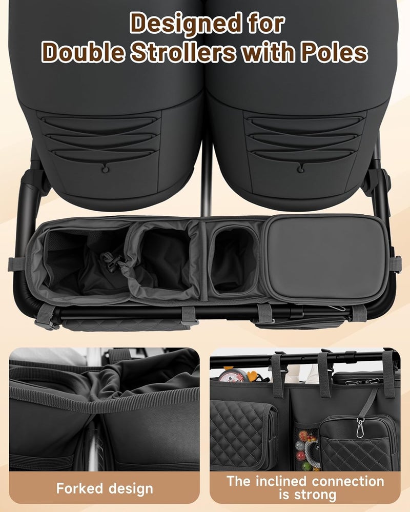 kcross Double Stroller Organizer Bag for Bob Duallie and Baby Jogger City Mini Gt2 Double Stroller Caddy Organizers with Cup HolderParent Console Stroller Accessories with Cooler Pockets - Image 4