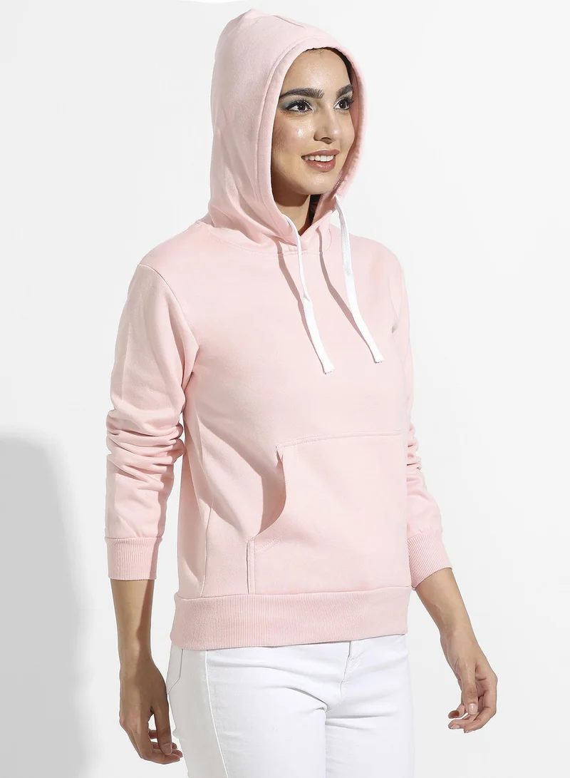 Campus Sutra Women's Light Pink Zip-Front Hoodie With Ribbed Hem