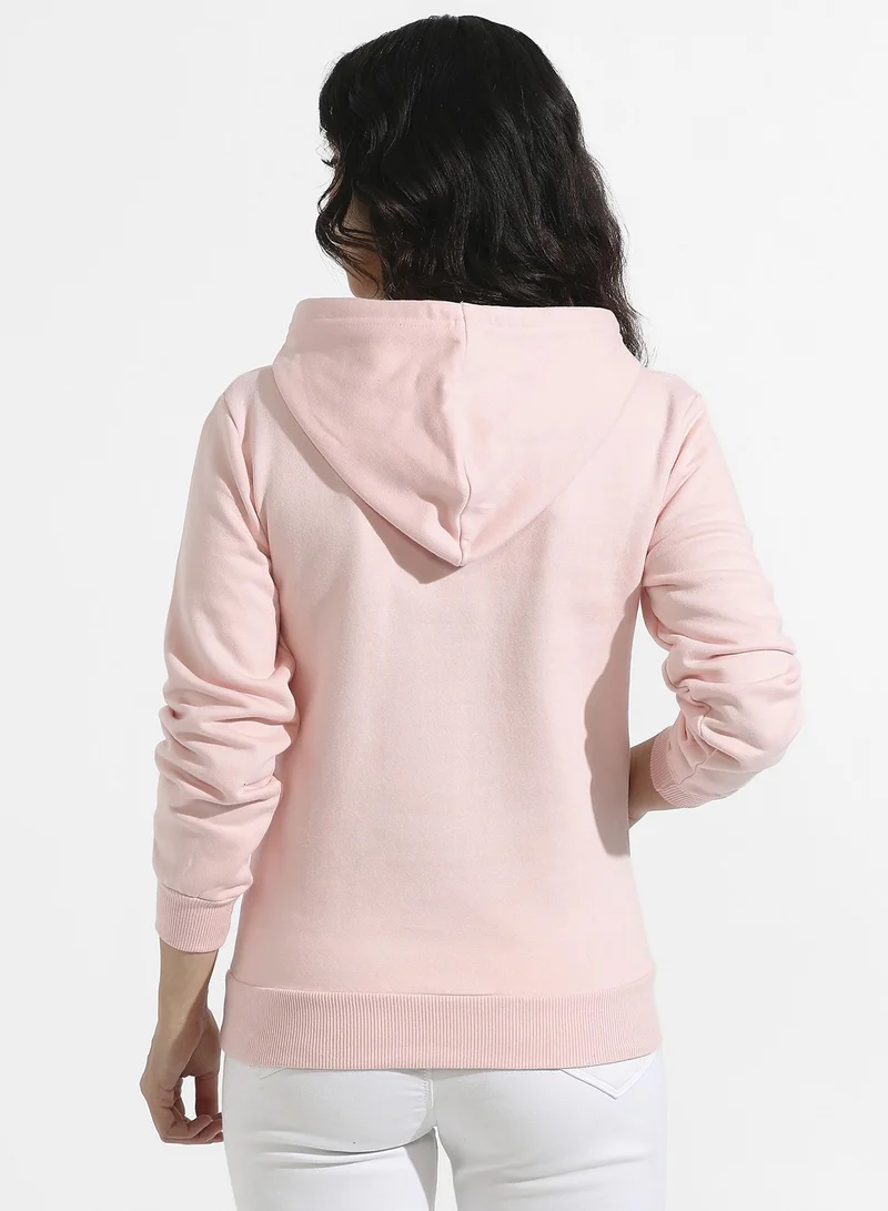 Campus Sutra Women's Light Pink Zip-Front Hoodie With Ribbed Hem