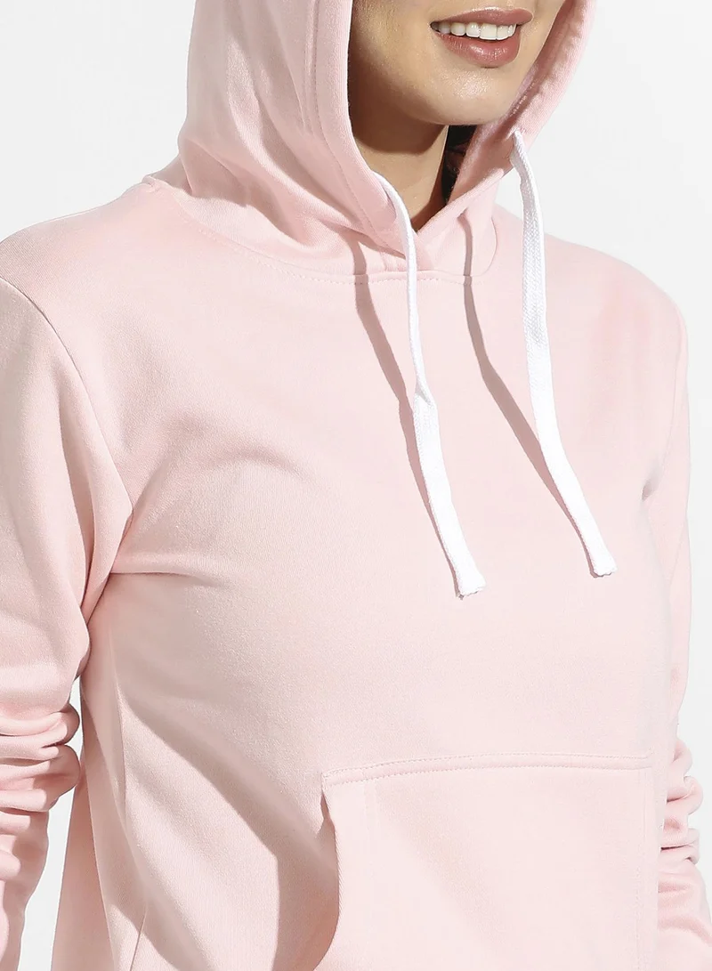 Campus Sutra Women's Light Pink Zip-Front Hoodie With Ribbed Hem