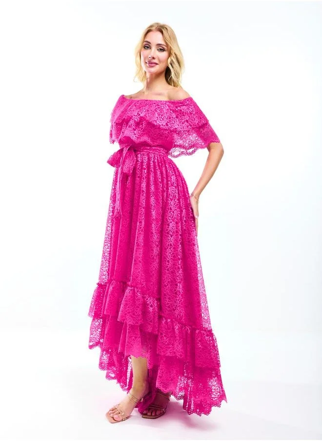 هاوس اوف مودا Off Shoulder Neck Frill High-Low Hem Lace Maxi Dress by Styli