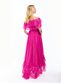 House of Moda Off Shoulder Neck Frill High-Low Hem Lace Maxi Dress by Styli  - Image 1