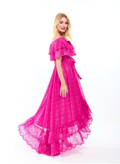House of Moda Off Shoulder Neck Frill High-Low Hem Lace Maxi Dress by Styli  - Image 2