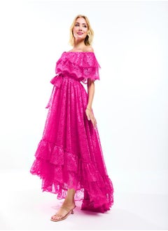 House of Moda Off Shoulder Neck Frill High-Low Hem Lace Maxi Dress by Styli  - Image 4