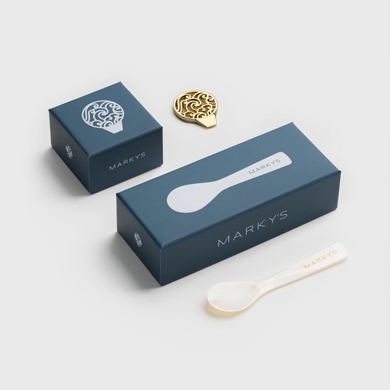 Marky's Mother of Pearl Hand-Carved Caviar Spoon + Gold Plated 16 Karat Tin Opener Kit - Image 1
