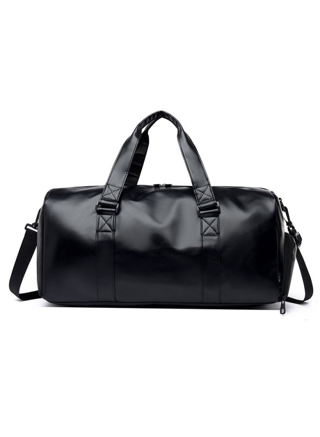 Travel Bag Men's And Women's Large Capacity Shoulder Backpack Travel Handbag Texted Soft Leather Duffel Bag Sports Fitness Bag-Color:Pu Travel Bag Glossy Black - Image 1