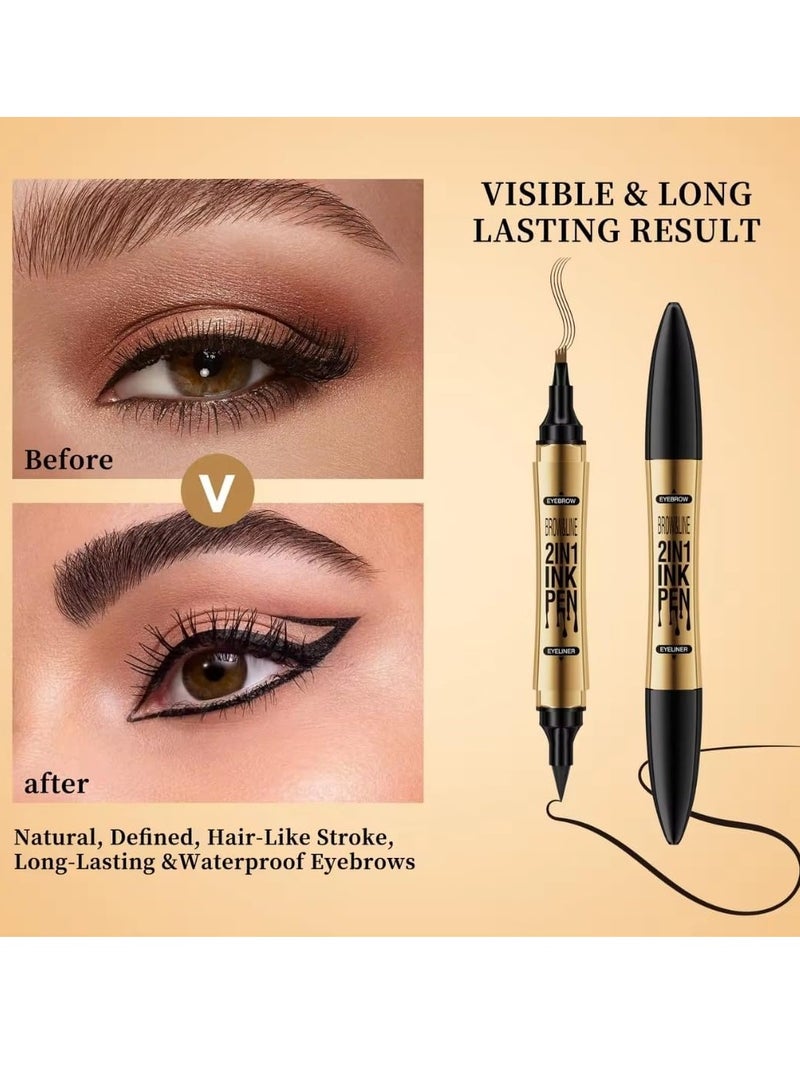 HelloKiss Brow and Line 2in1 Ink Pen for Eyebrow and Eyeliner Pen Waterproof Eyeliner Pencil 3D Microblading Eyebrow Tattoo Pencil 4 Fork Tip with Eyeliner Dark Brown Eyebrow and Black Eyeliner Pencil 02 - Image 5