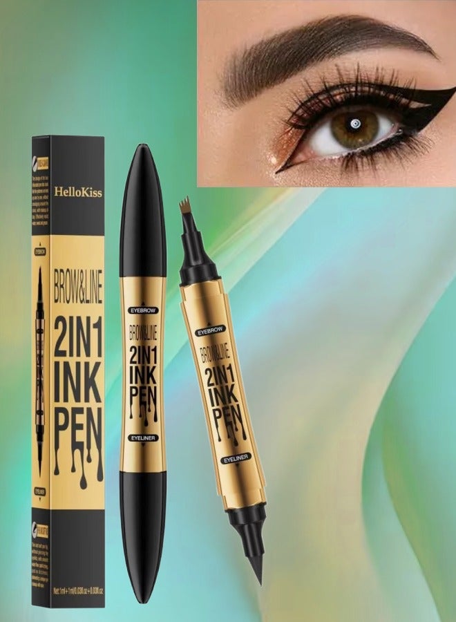 HelloKiss Brow and Line 2in1 Ink Pen for Eyebrow and Eyeliner Pen Waterproof Eyeliner Pencil 3D Microblading Eyebrow Tattoo Pencil 4 Fork Tip with Eyeliner Dark Brown Eyebrow and Black Eyeliner Pencil 02 - Image 1