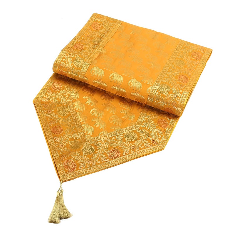 E Ezra Traditional Brocade Silk Table Runner for Living Room 4 to 6 Seater Dining Table Runner Elephant End Tassels 14x80 Inches Mustard Yellow