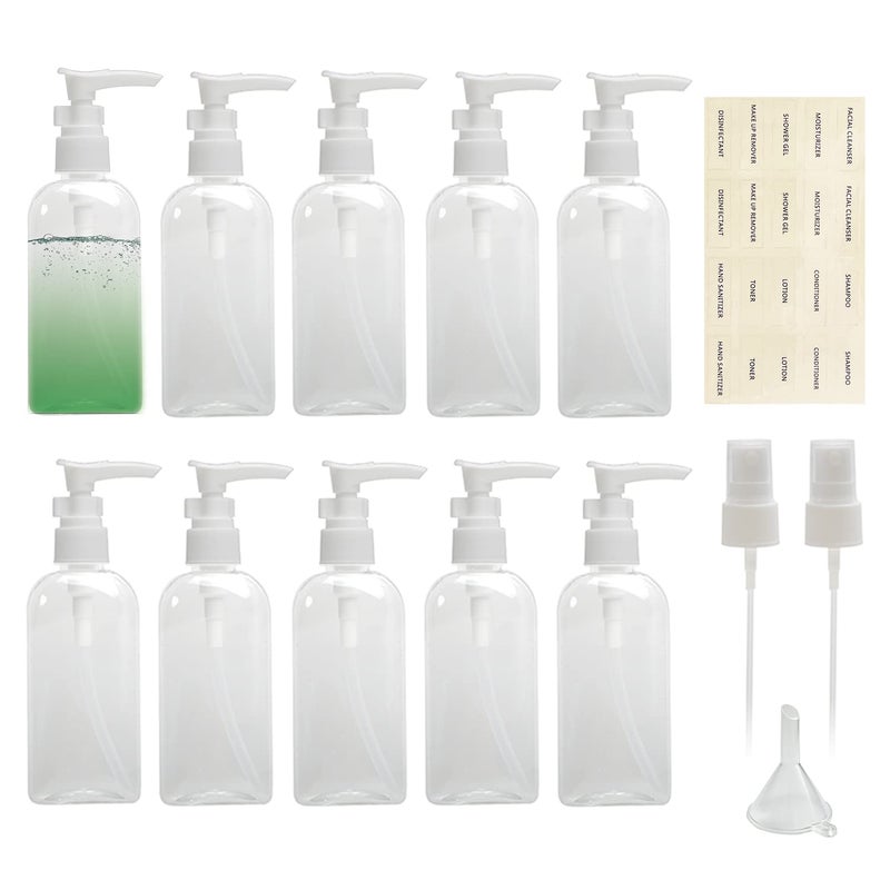 Tancano 10pcs Travel Dispenser Bottle 34oz Clear Small Dispenser Pump Bottle Plastic Lotion Bottle with Pump  2pcs Mist Sprayer  Small Funnel  Label for SoapShampooConditionerBody Wash