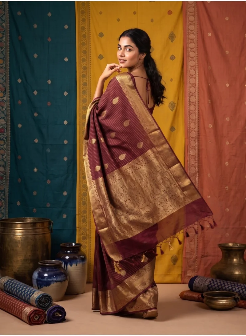 Nool  Meera Burgundy Kanchipuram Silk Saree with Unstitched Blouse for Women | Best Price UAE