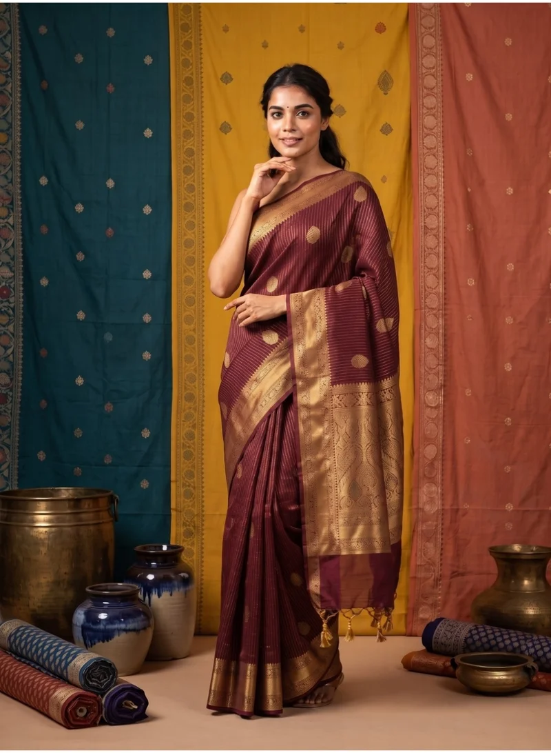 Nool  Meera Burgundy Kanchipuram Silk Saree with Unstitched Blouse for Women | Best Price UAE