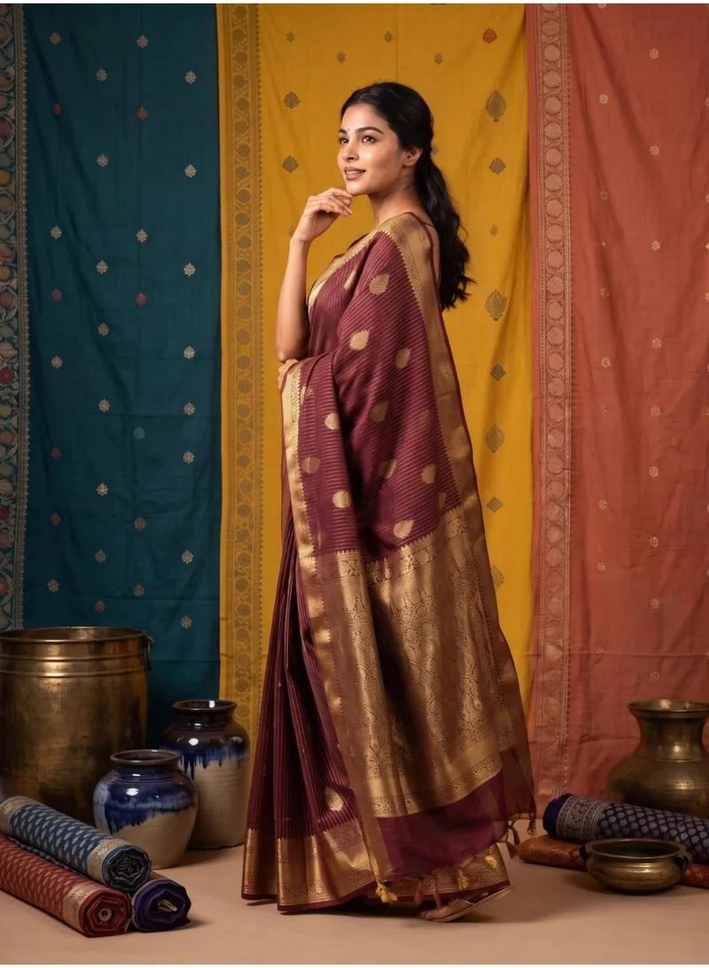 Nool  Meera Burgundy Kanchipuram Silk Saree with Unstitched Blouse for Women | Best Price UAE