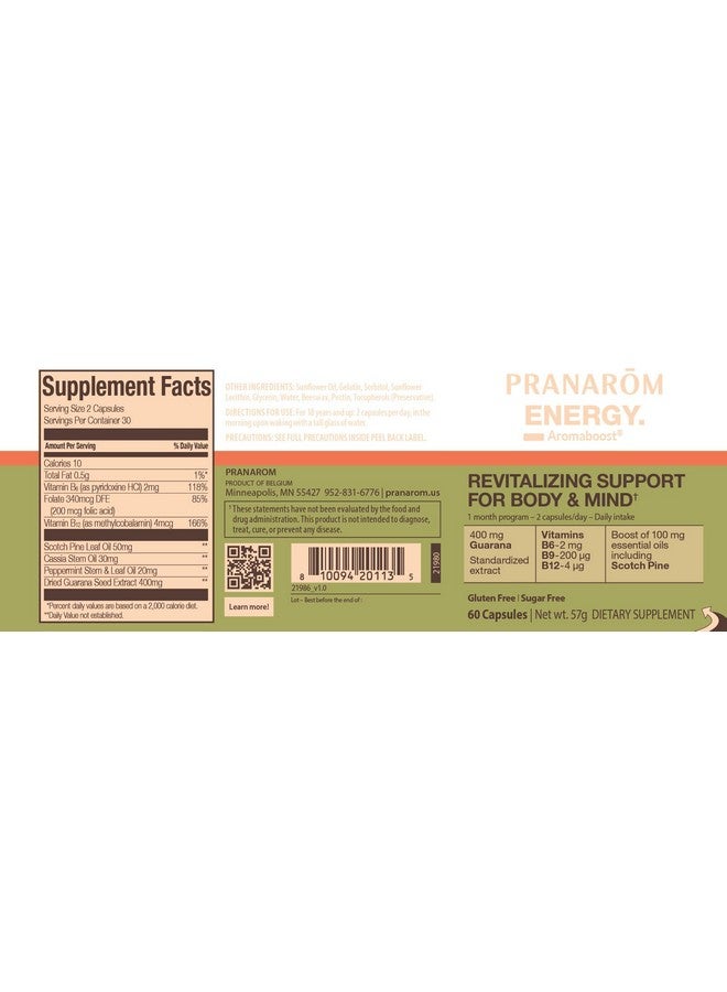 Pranarom - Aromaboost Energy Herbal Supplement - for Physical and Mental Fatigue - Guarana - Vitamins B6 B9 B12 - Pure Scots Pine Essential Oil - 60 Count - Image 2