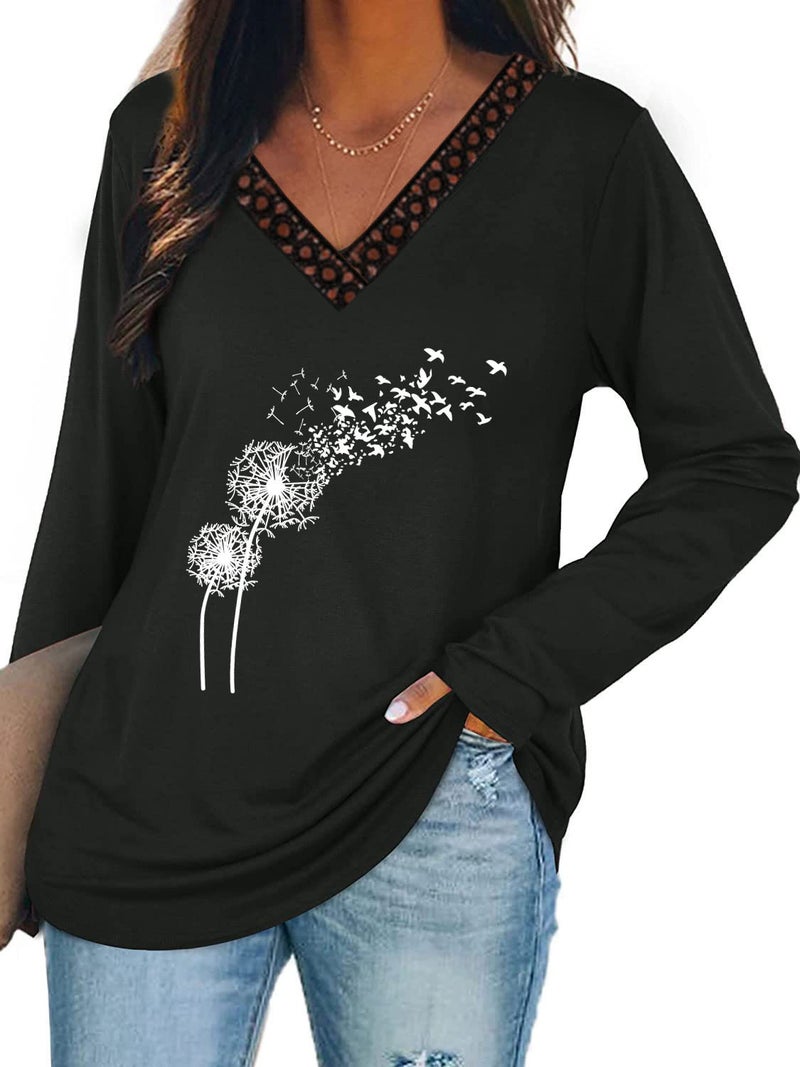 wsih casual women's clothing dandelion print stitching lace V-neck long sleeve T-shirt - Image 4