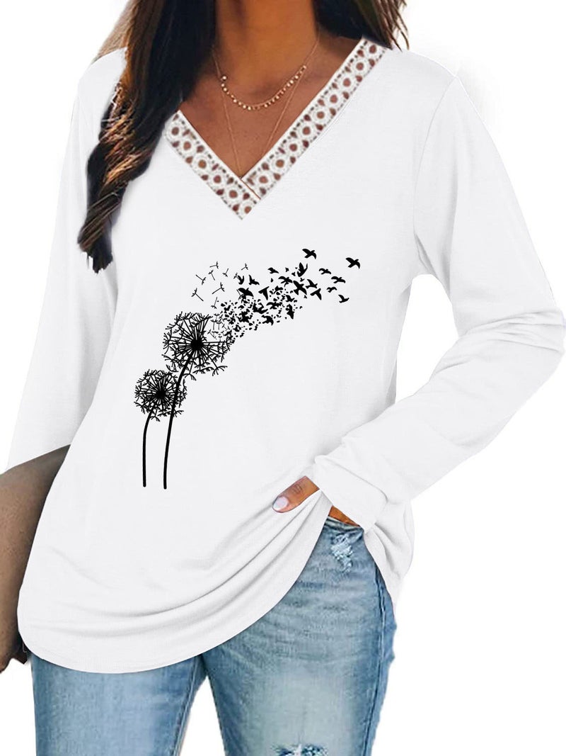 wsih casual women's clothing dandelion print stitching lace V-neck long sleeve T-shirt - Image 3