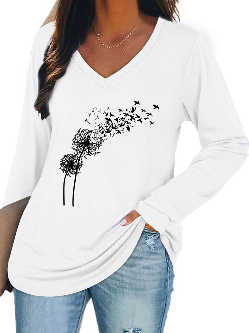 wsih casual women's clothing dandelion print stitching lace V-neck long sleeve T-shirt - Image 5