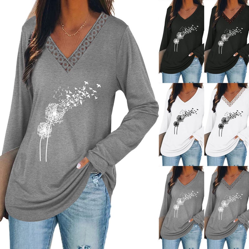 wsih casual women's clothing dandelion print stitching lace V-neck long sleeve T-shirt - Image 2
