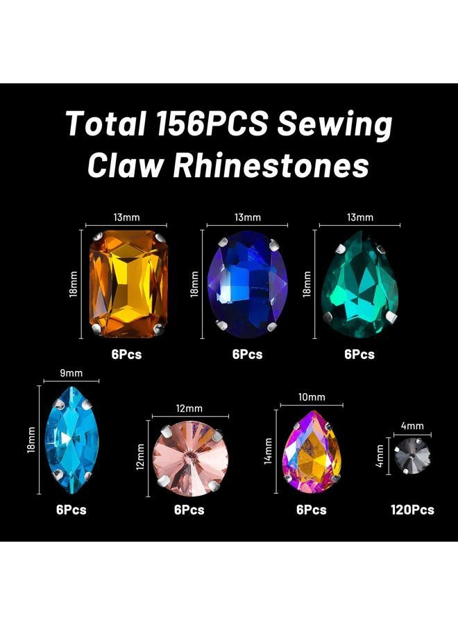 WILLBOND 156 Pieces Sew on Rhinestones Claw Flatback Crystal Rhinestones Metal Prong Setting Rhinestones Acrylic Glass Sewing Gems for Clothes DIY Craft Shoes Dress Jewelry Making (Mixed Color) - Image 3