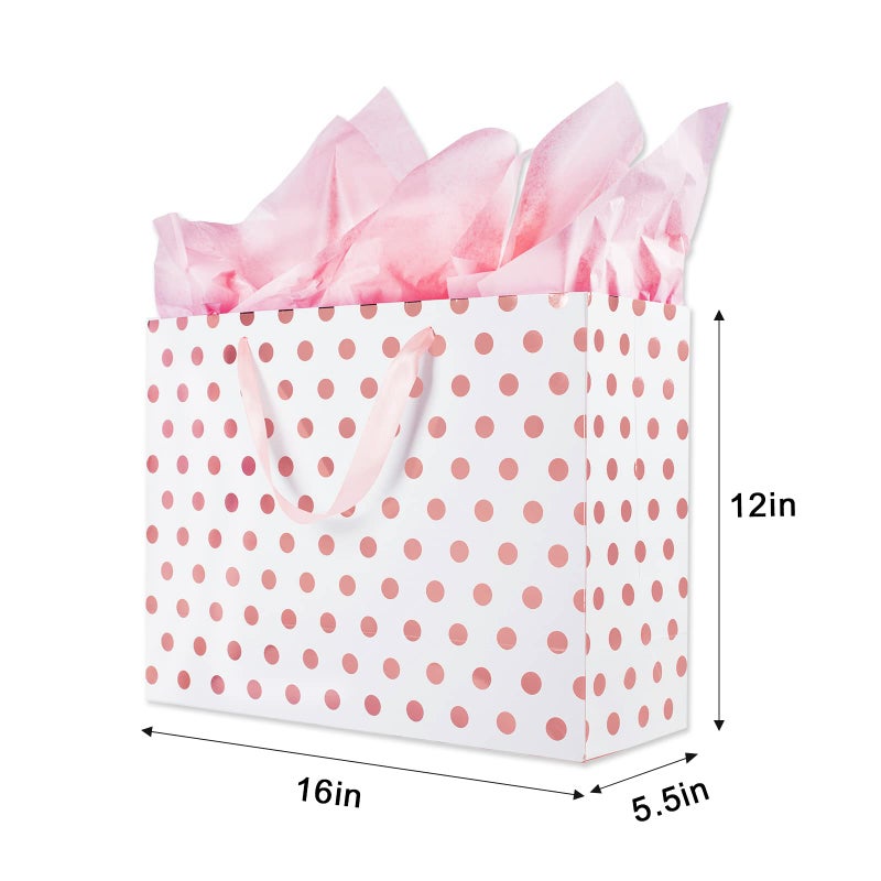 Plauthus 15.7" Extra Large Gift Bags for Presents with Tissue Paper for Birthday Party and Baby Shower (4 Pack, Gold, Rose Gold, Blue, Red metallic dots) - Image 3